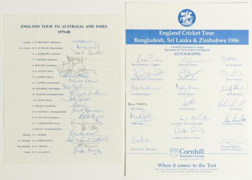 England tour to Australia & India 1979/80 and to Bangladesh, Sri Lanka & Zimbabwe 1985/86. Two official autograph sheets, both fully signed. The 1979/80 sheet signed by twenty, the 1986 sheet is for the England &lsquo;B&rsquo; tour, fully signed by the eighteen tour 