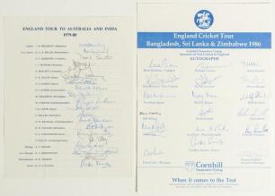 England tour to Australia & India 1979/80 and to Bangladesh, Sri Lanka & Zimbabwe 1985/86. Two official autograph sheets, both fully signed. The 1979/80 sheet signed by twenty, the 1986 sheet is for the England &lsquo;B&rsquo; tour, fully signed by the eighteen tour 