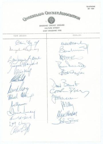 England and West Indies tour to Australia 1979/80. Official Queensland Cricket Association letterhead signed in biro by thirteen members of the West Indies team and eleven of England. Signatures are Lloyd, Deryck Murray, Rowe, Haynes, King, Marshall, Parr
