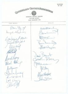 England and West Indies tour to Australia 1979/80. Official Queensland Cricket Association letterhead signed in biro by thirteen members of the West Indies team and eleven of England. Signatures are Lloyd, Deryck Murray, Rowe, Haynes, King, Marshall, Parr