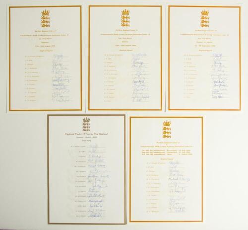 England Under-19 autograph sheets 1999. Five official autograph sheets with titles, borders and players&rsquo; names printed in gold. Sheets are for the Under-19 tour to New Zealand January- March 1999 fully signed by all fifteen, the three match one-day serie