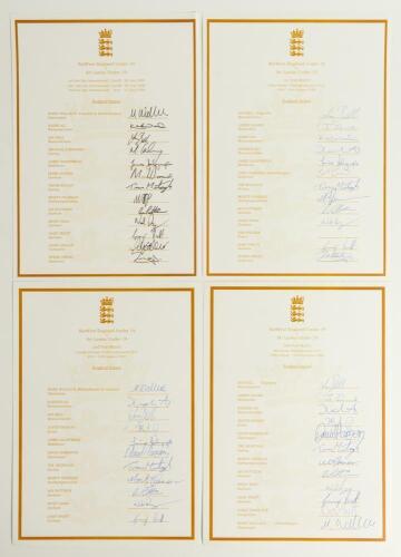 England Under-19 autograph sheets 2000. Four official autograph sheets with titles, borders and players&rsquo; names printed in gold. Sheets are for the Under-19 three match one-day series v Sri Lanka July 2000 fully signed by thirteen, and one for each of the