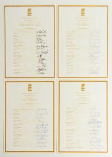 England Under-19 autograph sheets 2000. Four official autograph sheets with titles, borders and players&rsquo; names printed in gold. Sheets are for the Under-19 three match one-day series v Sri Lanka July 2000 fully signed by thirteen, and one for each of the