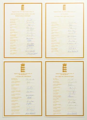 England Under-19 autograph sheets 2001. Four official autograph sheets with titles, borders and players&rsquo; names printed in gold. Sheets are for the Under-19 three match one-day series v West Indies July 2001 fully signed by fourteen, and one for each of t