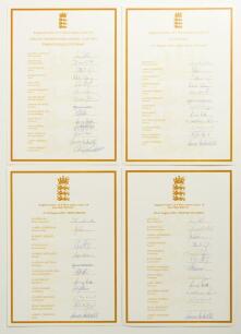 England Under-19 autograph sheets 2001. Four official autograph sheets with titles, borders and players&rsquo; names printed in gold. Sheets are for the Under-19 three match one-day series v West Indies July 2001 fully signed by fourteen, and one for each of t