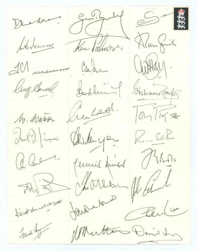 England Test cricketers. Unofficial sheet very nicely signed in black ink by thirty former England Test players. Signatures include Gower, Denness, Trueman, Arnold, Watson, Titmus, Tyson, Boycott, Palmer, Willis, Amiss, Roope, Pigott, Subba Row, Bolus, J.