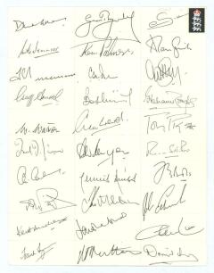 England Test cricketers. Unofficial sheet very nicely signed in black ink by thirty former England Test players. Signatures include Gower, Denness, Trueman, Arnold, Watson, Titmus, Tyson, Boycott, Palmer, Willis, Amiss, Roope, Pigott, Subba Row, Bolus, J.