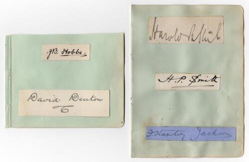 England Test and County cricketers 1880s-1900s. Five nice signatures in ink, each signed individually to piece laid down to two album pages, two signatures to one trimmed page. Signatures are J.B. Hobbs (Surrey & England 1905-1934), D. Denton (Yorkshire &