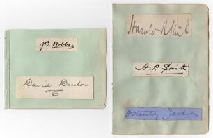 England Test and County cricketers 1880s-1900s. Five nice signatures in ink, each signed individually to piece laid down to two album pages, two signatures to one trimmed page. Signatures are J.B. Hobbs (Surrey & England 1905-1934), D. Denton (Yorkshire &