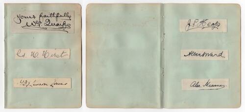 England Test and County cricketers early 1900s. Six nice signatures in ink, each signed individually to piece laid down to two album pages, three to a page. Signatures are W.G. Quaife (Warwickshire & England 1894-1928), G.H. Hirst (Yorkshire, Europeans & 