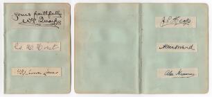 England Test and County cricketers early 1900s. Six nice signatures in ink, each signed individually to piece laid down to two album pages, three to a page. Signatures are W.G. Quaife (Warwickshire & England 1894-1928), G.H. Hirst (Yorkshire, Europeans & 