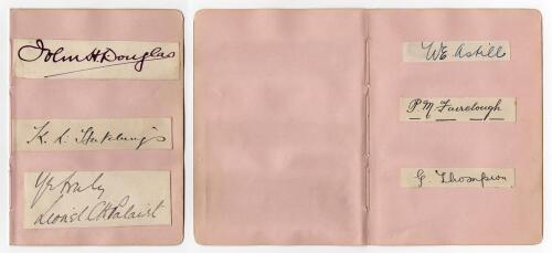 England Test cricketers early 1900s. Six very nice signatures in ink, each signed individually to piece laid down to two album pages, three to a page. Signatures are J.W.H.T. Douglas (Essex & England 1901-1930), K.L Hutchings (Kent & England 1902-1912), L