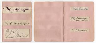 England Test cricketers early 1900s. Six very nice signatures in ink, each signed individually to piece laid down to two album pages, three to a page. Signatures are J.W.H.T. Douglas (Essex & England 1901-1930), K.L Hutchings (Kent & England 1902-1912), L