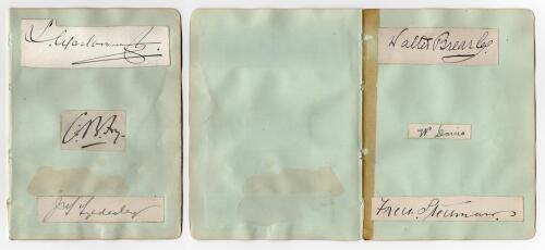England Test and County cricketers early 1900s. Six nice signatures in ink, each signed individually to piece laid down to two album pages, three to a page. Signatures are C.B. Fry (Oxford University, Sussex, Hampshire & England 1892-1922), J.T. Tyldesele
