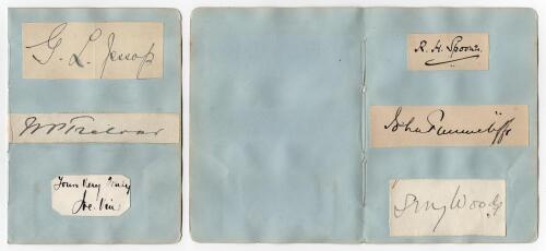 England Test and County cricketers early 1900s. Six nice signatures in ink, each signed individually to piece laid down to two album pages, three to a page. Signatures are G.L. Jessop (Cambridge University, Gloucestershire & England 1894-1914), J. Vine (S