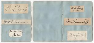 England Test and County cricketers early 1900s. Six nice signatures in ink, each signed individually to piece laid down to two album pages, three to a page. Signatures are G.L. Jessop (Cambridge University, Gloucestershire & England 1894-1914), J. Vine (S