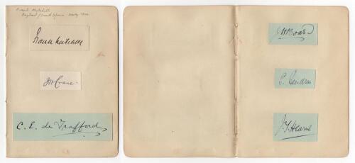 England Test and County cricketers early 1900s. Six very nice signatures in ink, each signed individually to piece laid down to two album pages, three to a page. Signatures are F. Mitchell (Cambridge University, Yorkshire, England & South Africa 1894-1914
