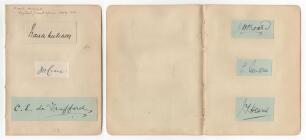 England Test and County cricketers early 1900s. Six very nice signatures in ink, each signed individually to piece laid down to two album pages, three to a page. Signatures are F. Mitchell (Cambridge University, Yorkshire, England & South Africa 1894-1914