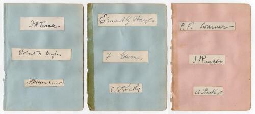 England (and Australia) Test and County cricketers early 1900s. Nine nice signatures in ink, each signed individually to piece laid down to three album pages, three to a page. Signatures are F.H. Turner (Oxford University 1909, 5 matches), R.N. Douglas (C