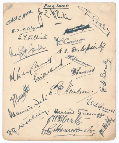 England Test cricketers 1920s/1930s. Large album page very nicely signed to one side in black ink by twenty two England Test players of the 1920s/ 1930s. Signatures are Arthur Carr, Jack White, George Geary, R.E.S. Wyatt, Tom Killick, Jack O&rsquo;Connor, Percy