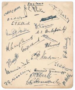 England Test cricketers 1920s/1930s. Large album page very nicely signed to one side in black ink by twenty two England Test players of the 1920s/ 1930s. Signatures are Arthur Carr, Jack White, George Geary, R.E.S. Wyatt, Tom Killick, Jack O&rsquo;Connor, Percy