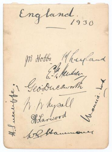 England Test cricketers 1930. Album page very nicely signed to one side in black ink by nine England Test players. Signatures are Jack Hobbs, Maurice Leyland, Patsy Hendren, George Duckworth, William Whysall, Harold Larwood, Walter Hammond, Herbert Sutcli