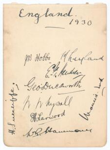 England Test cricketers 1930. Album page very nicely signed to one side in black ink by nine England Test players. Signatures are Jack Hobbs, Maurice Leyland, Patsy Hendren, George Duckworth, William Whysall, Harold Larwood, Walter Hammond, Herbert Sutcli