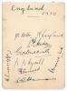 England Test cricketers 1930. Album page very nicely signed to one side in black ink by nine England Test players. Signatures are Jack Hobbs, Maurice Leyland, Patsy Hendren, George Duckworth, William Whysall, Harold Larwood, Walter Hammond, Herbert Sutcli