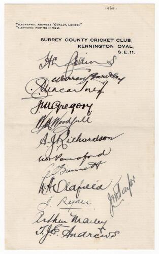 The Ashes. England v Australia 1926. Page on Surrey C.C.C. official letterhead beautifully signed in black ink by thirteen members of the Australian team for the 5th Test at Kennington Oval 14th- 18th August 1926 (timeless Test). Signatures of those who p