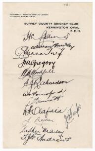 The Ashes. England v Australia 1926. Page on Surrey C.C.C. official letterhead beautifully signed in black ink by thirteen members of the Australian team for the 5th Test at Kennington Oval 14th- 18th August 1926 (timeless Test). Signatures of those who p