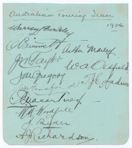 Australia tour to England 1926. Album page nicely signed in black ink by twelve members of the Australian touring party. Signatures are Bardsley, Grimmett, Mailey, Taylor, Oldfield, Gregory, Andrews, Ponsford, Macartney, Woodfull, Ryder and Richardson. Th