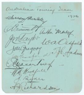 Australia tour to England 1926. Album page nicely signed in black ink by twelve members of the Australian touring party. Signatures are Bardsley, Grimmett, Mailey, Taylor, Oldfield, Gregory, Andrews, Ponsford, Macartney, Woodfull, Ryder and Richardson. Th