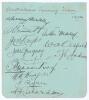 Australia tour to England 1926. Album page nicely signed in black ink by twelve members of the Australian touring party. Signatures are Bardsley, Grimmett, Mailey, Taylor, Oldfield, Gregory, Andrews, Ponsford, Macartney, Woodfull, Ryder and Richardson. Th