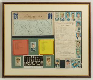 Australia tour to England 1938. Montage comprising two album pages nicely signed in ink by thirteen members of the Australia touring party and seventeen England players. Australia signatures include Bradman (Captain), Fleetwood-Smith, Brown, Barnes (signe