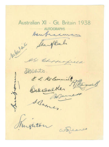 Australian tour of England 1938. &lsquo;Australian XI - Gt. Britain 1938&rsquo;. Official autograph sheet beautifully signed in ink by thirteen members of the touring party including Jeanes, the tour manager. Signatures are Bradman (Cpt), McCabe, Waite, Walker, Chipp