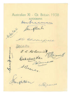 Australian tour of England 1938. &lsquo;Australian XI - Gt. Britain 1938&rsquo;. Official autograph sheet beautifully signed in ink by thirteen members of the touring party including Jeanes, the tour manager. Signatures are Bradman (Cpt), McCabe, Waite, Walker, Chipp