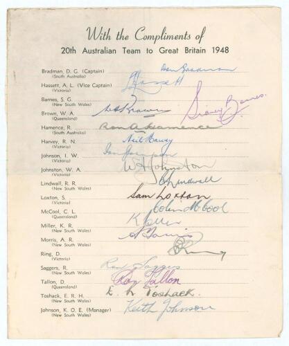 Australian tour of England 1948. Official autograph sheet with printed title and players&rsquo; names, fully signed in ink by all eighteen members of the touring party. Signatures are Bradman (Captain), Hassett, Brown, Hamence, Harvey, Johnson, Johnston, Lindwa