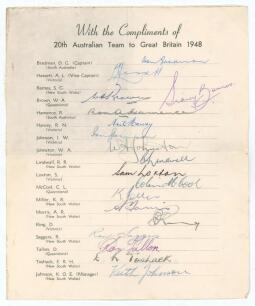 Australian tour of England 1948. Official autograph sheet with printed title and players&rsquo; names, fully signed in ink by all eighteen members of the touring party. Signatures are Bradman (Captain), Hassett, Brown, Hamence, Harvey, Johnson, Johnston, Lindwa