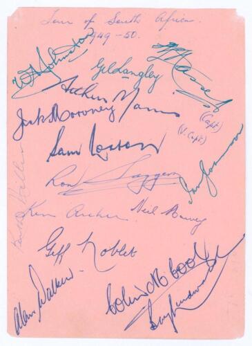 Australian tour to South Africa 1949/50. Album page nicely signed in various coloured inks by fifteen members of the Australian touring party. Signatures are Hassett (Cpt), Morris, Johnson, Miller, Langley, McCool, Archer, Moroney, Lindwall, Harvey, Sagge