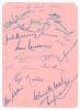 Australian tour to South Africa 1949/50. Album page nicely signed in various coloured inks by fifteen members of the Australian touring party. Signatures are Hassett (Cpt), Morris, Johnson, Miller, Langley, McCool, Archer, Moroney, Lindwall, Harvey, Sagge