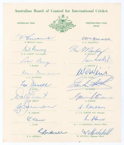 Australian tour of Pakistan and India 1959/60. Official autograph sheet fully signed in ink by all eighteen members of the touring party including Benaud (Captain), Harvey, Davidson, Grout, Lindwall, McDonald, O&rsquo;Neill, Burge, Mackay etc. Includes the sign