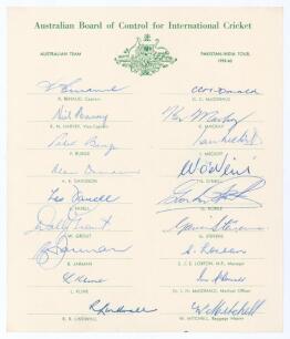 Australian tour of Pakistan and India 1959/60. Official autograph sheet fully signed in ink by all eighteen members of the touring party including Benaud (Captain), Harvey, Davidson, Grout, Lindwall, McDonald, O&rsquo;Neill, Burge, Mackay etc. Includes the sign