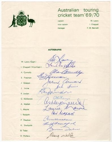 Australia tour to India 1969/70. Official autograph sheet fully signed in ink by all fifteen members of the touring party. Signatures are Lawry (Captain), Chappell, Connolly, Freeman, Gleeson, Irvine, Jordon, McKenzie, Mallett, Mayne, Redpath, Sheahan, St