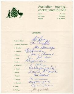 Australia tour to India 1969/70. Official autograph sheet fully signed in ink by all fifteen members of the touring party. Signatures are Lawry (Captain), Chappell, Connolly, Freeman, Gleeson, Irvine, Jordon, McKenzie, Mallett, Mayne, Redpath, Sheahan, St