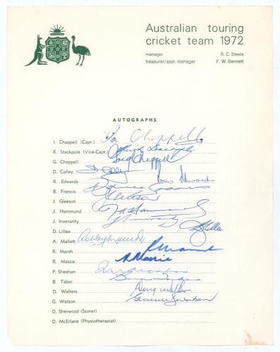 Australia tour to England 1972. Official autograph sheet with printed title and players&rsquo; names, fully signed in various inks by all seventeen playing members of the touring party. Signatures are I. Chappell (Captain), Stackpole, G. Chappell, Colley, Edwar