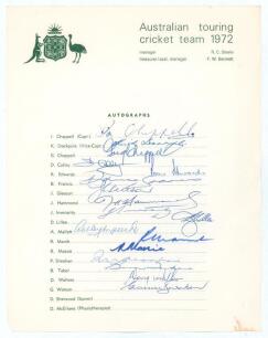 Australia tour to England 1972. Official autograph sheet with printed title and players&rsquo; names, fully signed in various inks by all seventeen playing members of the touring party. Signatures are I. Chappell (Captain), Stackpole, G. Chappell, Colley, Edwar