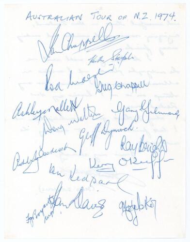 Australia tour to New Zealand 1973/74. Page with handwritten title &lsquo;Australian Tour of N.Z. 1974&rsquo; signed in blue biro to the reverse of a letter from a collector requesting the autographs. Fully signed by all fifteen members of the Australian touring part