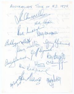 Australia tour to New Zealand 1973/74. Page with handwritten title &lsquo;Australian Tour of N.Z. 1974&rsquo; signed in blue biro to the reverse of a letter from a collector requesting the autographs. Fully signed by all fifteen members of the Australian touring part