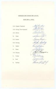 Australia v India 1977/78. Official autograph sheet for the 5th Test played at Adelaide with typed title and players names signed by the twelve members of the Australian team. Signatures include Simpson, Hughes, Thomson, Yallop, Callen, Darling, Yardley,
