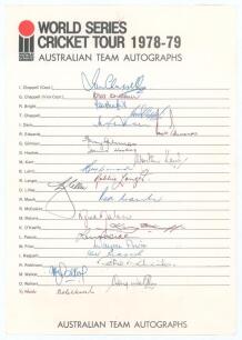World Series Cricket Tour 1978-79. Australian Team Autographs&rsquo;. Official autograph sheet signed in ink by twenty one listed members of the Australian team and additionally by Kepler Wessels. Other signatures are I. Chappell (Captain), G. Chappell, Bright,